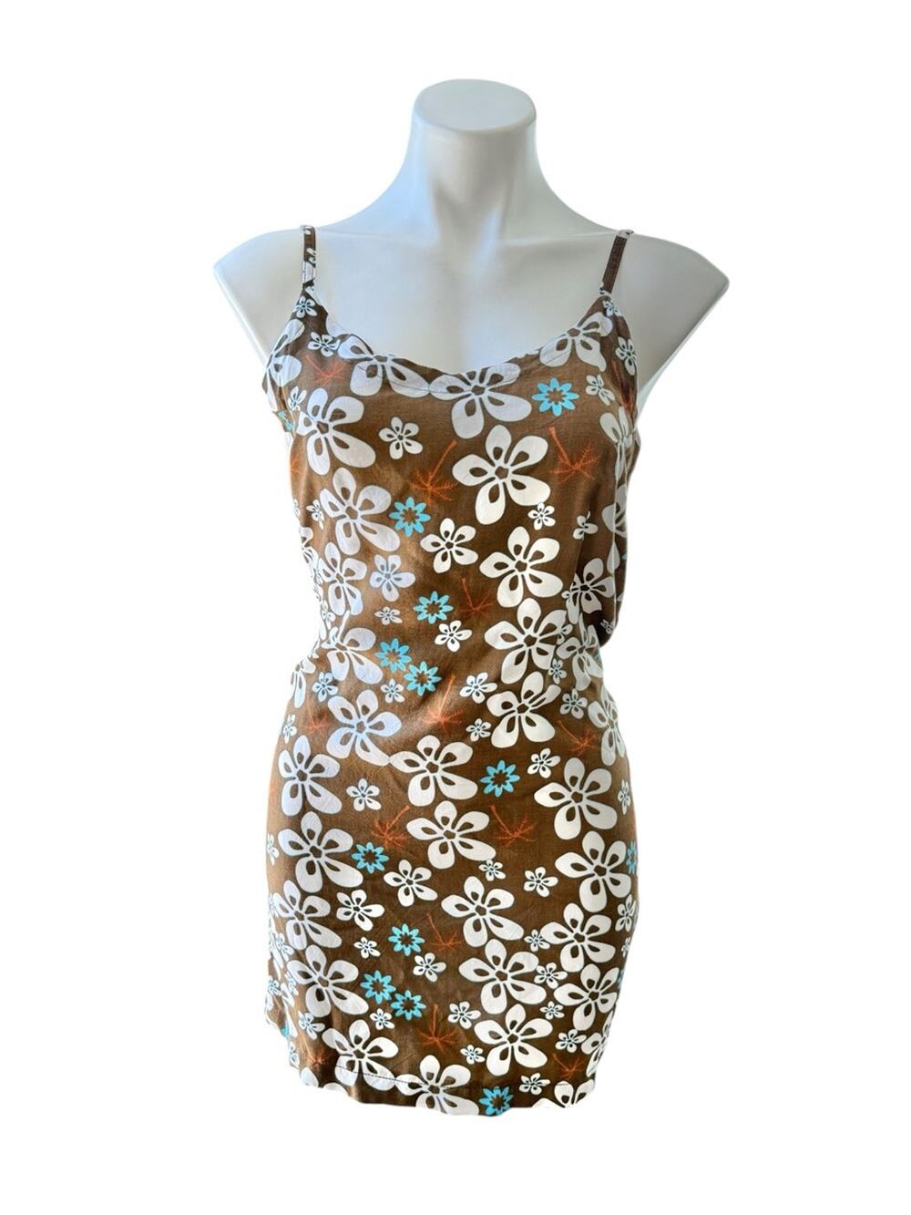Vintage Y2K Brown Floral Hawaiian Beach Dress Rayon Small